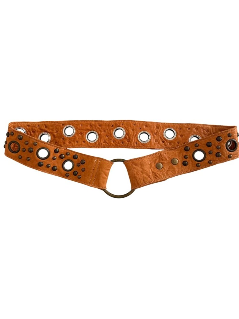 Treesje Womens Circular Metal Buckle Studded Hip Belt Size 36 inch Tan Leather